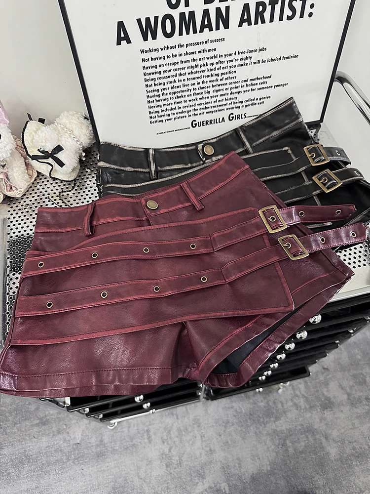 Fashion Wine Red PU Leather Shorts Women's High Waist Double Strap Buckle Hot Pants Autumn New