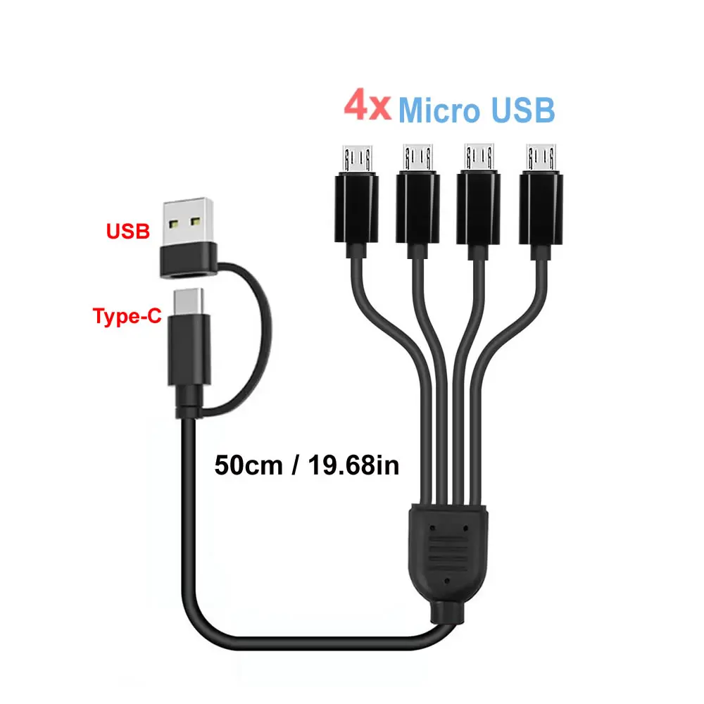 Kort snoer 5V USB A C naar Type C Meerdere oplaadkabel 4-in-1 Micro USB-splitteradapterkabel 4-poorts USB C PD-splitterkabel