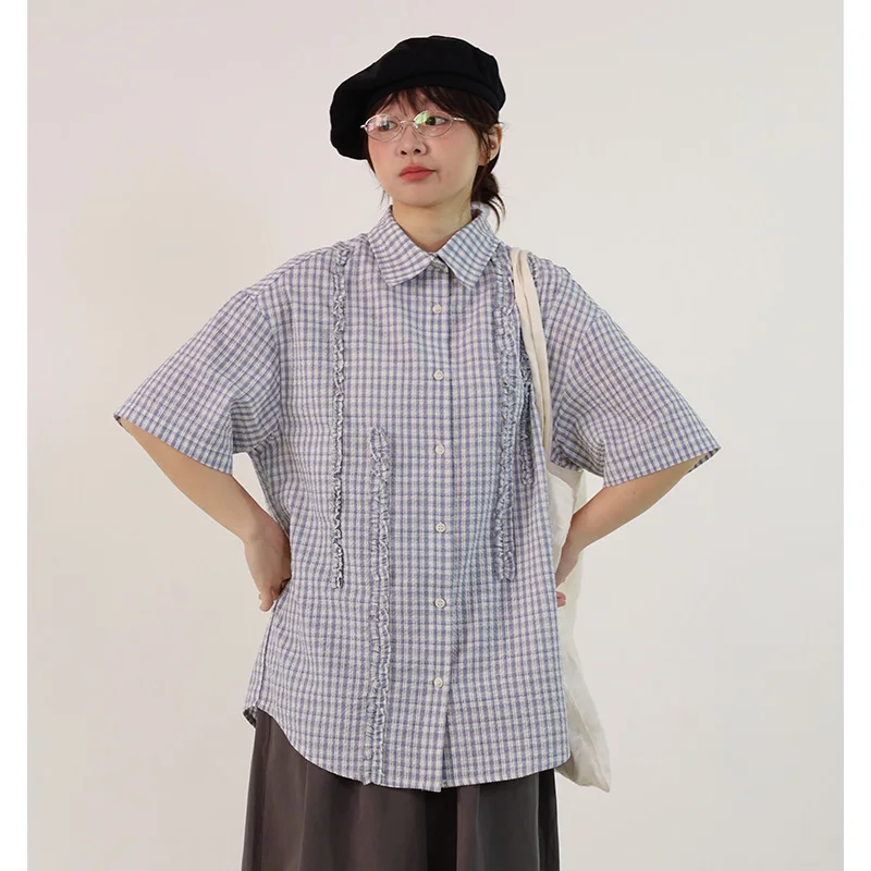 

Женская рубашка Seagulls2025 летняя, асимметричная, в клетку, с коротким рукавом, из смесового хлопка и полиэстера, стандартный крой, на пуговицах, с защитой от морщин