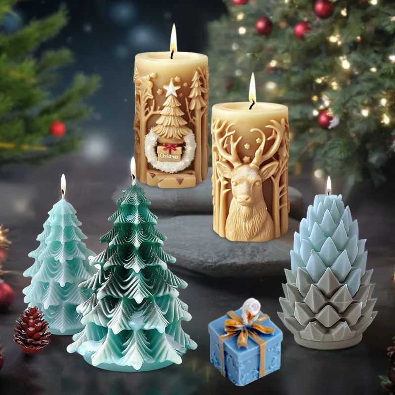 Christmas Ornament Silicone Mold for Candle Making 3D Christmas Tree Elk Diffuser Stone DIY Ornament Resin Epoxy Mould