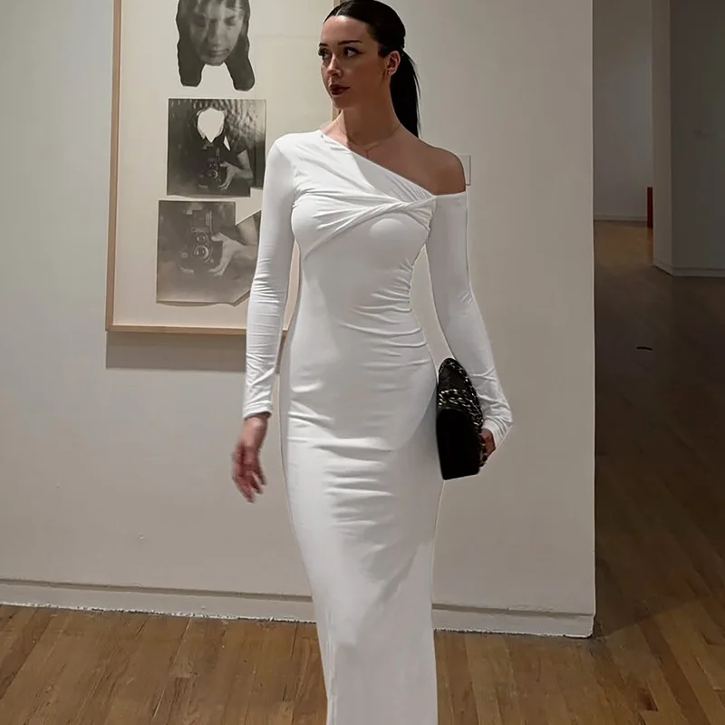 

TARUXY Diagonal Collar Twist White Dress Women's Fashion Chic Full Sleeve Slim Long Party Dresses Lady Evening Gown High Waist