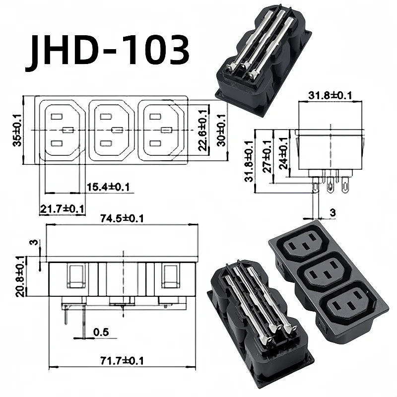 1pcs AC power socket IEC320 C13 three position black Industrial socket plug IEC 320 C13 Triple Electrical Socket