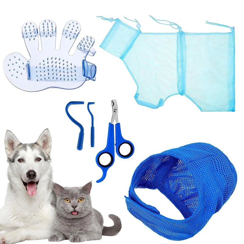 

6-piece Cat Bathing Bag Set Breathable Mesh Anti Scratch Bite Restraint Cat Muzzle Trimming Claw Nail Clipper Grooming Para Gato
