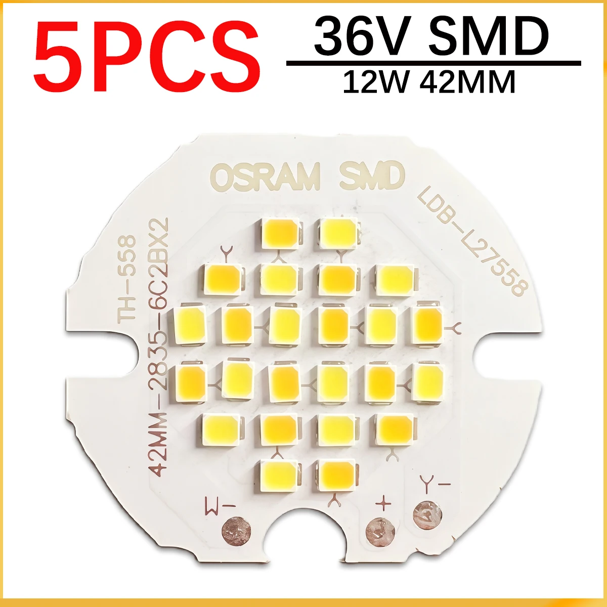 5PCS SMD 2835 warm white+white Intelligent Embedded LED Light 36V 12W 42mm Circular Chip Bulb Simple Light Source Accessories