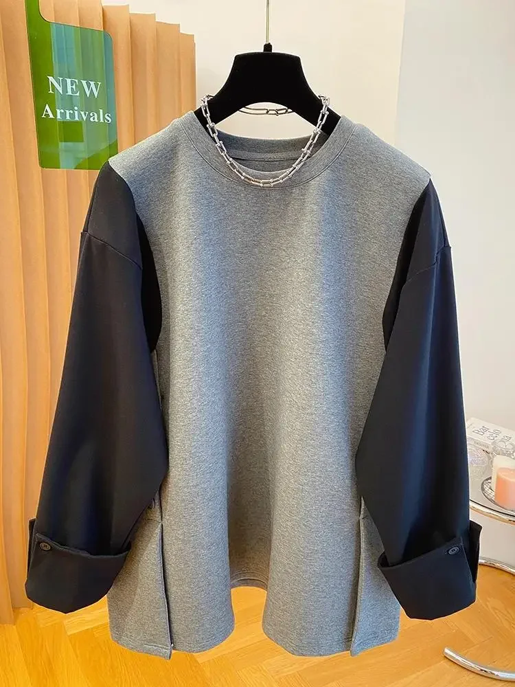 SuperAen النمط الأوروبي والأمريكي رمادي موضة المرقعة بأكمام طويلة البلوز المرأة بلوزات فضفاضة منتصف طول