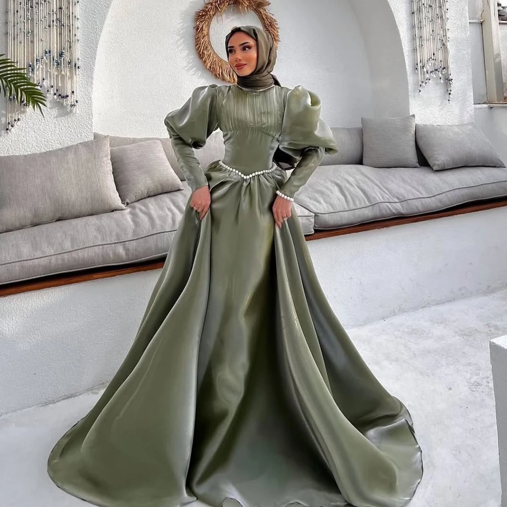 

Свадебное платье в хиджабе по индивидуальному заказу с жемчугом и поясом-фонариком, вечернее платье трапециевидной формы из органзы, мусульманское свадебное платье для гостей