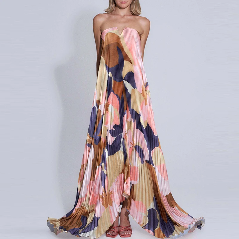 

New Strapless Pattern Printed Evening Dress Summer Fashion Off Shoulder High Waist Women Dress Sexy Backless Hollow Long Dresses