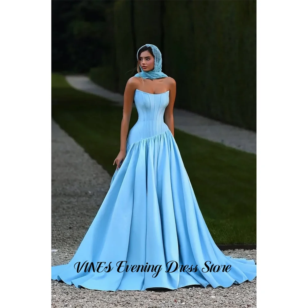 

VINES Blue Prom Dress Strapless A Line Celebrity Dress Pleated Satin Evening Dresses Structured Corset Formal Gown Customized