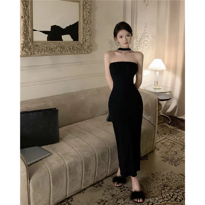 Dresses Women Backless Bow French Style Sleeveless Slim Stretch Halter Slash Neck Hollow Out Vintage Sexy Elegant Dress Black