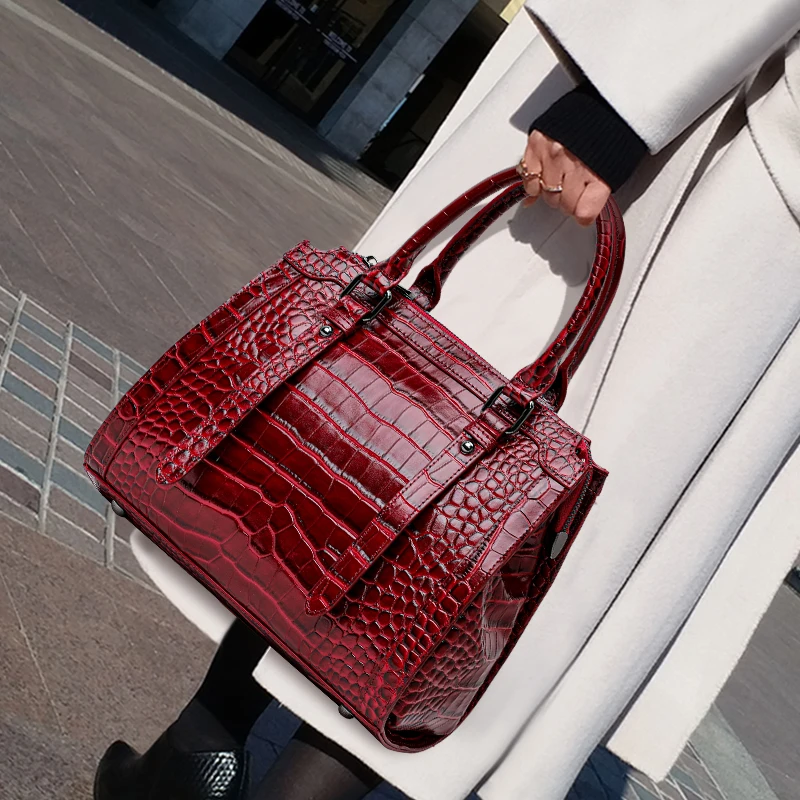 Genuine Cowhide Women's Tote Bag – Burgundy Crocodile Pattern Handbag with Adjustable Shoulder Strap, Elegant Office Work Bag