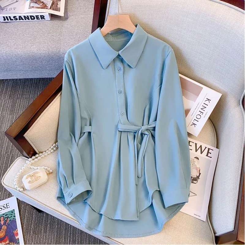 Plus Size 4XL Women's Chiffon Blouse Long Sleeve Loose Fit Green Color Spring Summer 2025 Female Top with Sashes