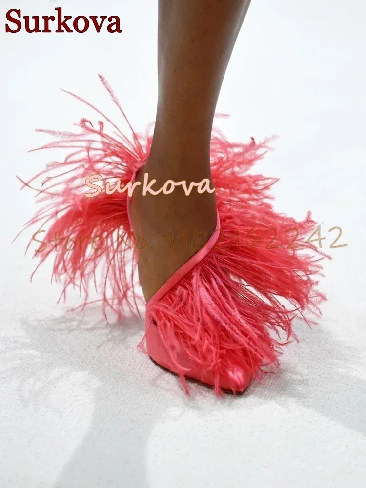 Spring New Furry Roman Women'S Shoes Pointed Toe Stiletto Buckle Strap Pumps High Heels Elegant Catwalk Party Red High Heels  46
