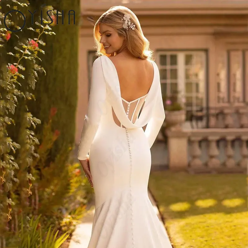 OYISHA Scoop suknie ślubne syrenka proste satynowy rękawy białe suknie ślubne dla kobiet bez pleców eleganckie Vestido De MariagesOYISHA Scoop Syrena Suknie Ślubne Proste Satyna Długie Rękawy Białe Suknie Ślubne Dla Ko