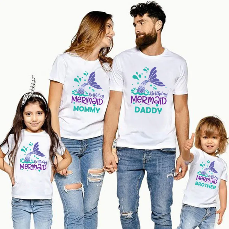 Matching Family Outfits For Birthday Mermaid Theme Birthday Girl T-shirts Party Present Baby Girls Clothes Father Mother Kids