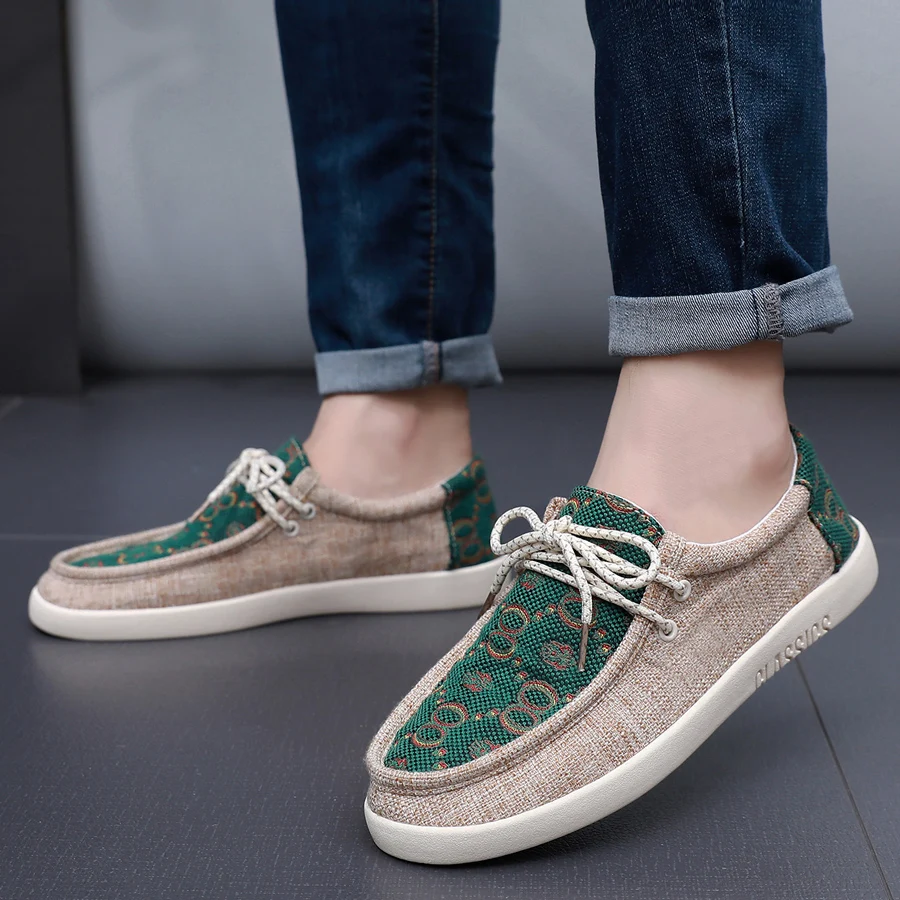 HKQD Summer Linen Casual Shoes For Men Lightweight Comfortable Flat Men's Loafers Fashion Breathable Lace-up Canvas Sneakers Man