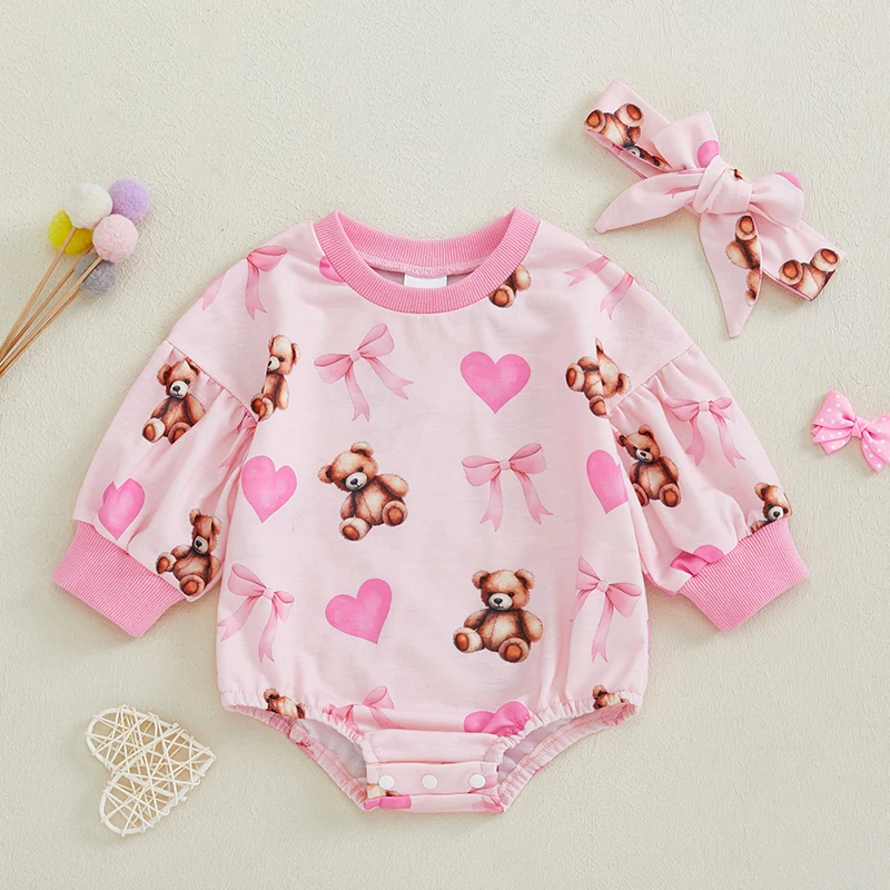 طفلة 2 قطعة ملابس الربيع طويلة الأكمام جولة الرقبة الدب القوس طباعة رومبير مع عقال مجموعة ملابس الرضع