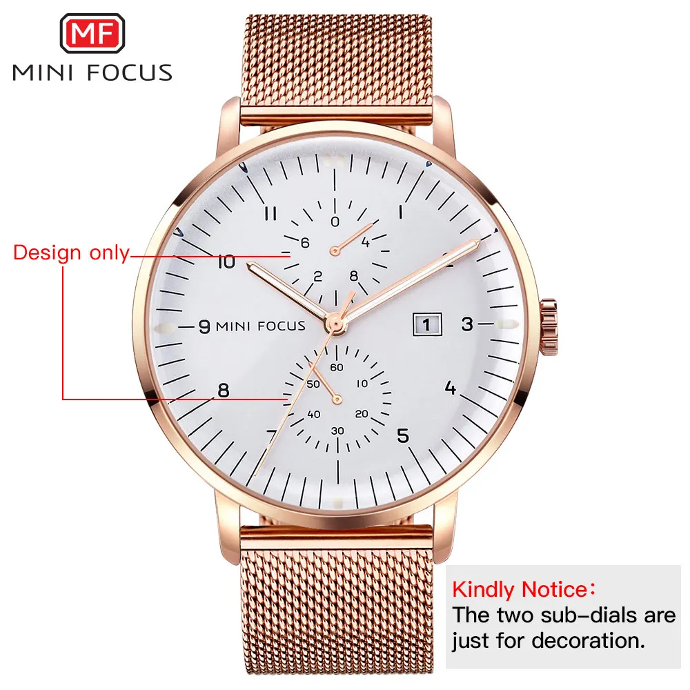 MINI FOCUS 0052 Business Männer Armbanduhr Kalender Leuchtende Wasserdichte Stahl Mesh-Armband Casual Quarz Uhren für Mann reloj hombre