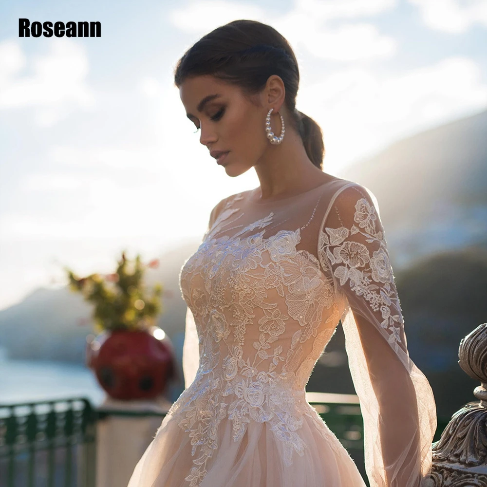 Customized Light Champagne Wedding Dress Puffy Full Sleeves Glitter Applique Tulle Lace Open Back Bride Dresses robe de mariée