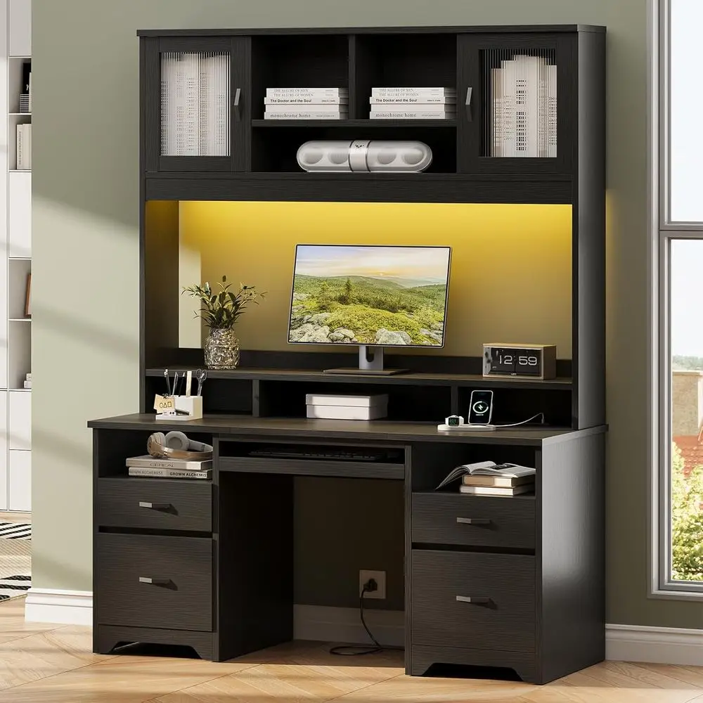 

77.8 High-End Wood Desk with Hutch, Drawers, Charging Station, LED Lighting, Storage Cabinet, and Keyboard Tray for Office or Ho