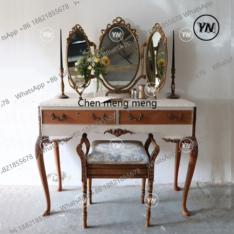 Medieval solid wood makeup table French dresser with mirror with drawer three-sided mirror