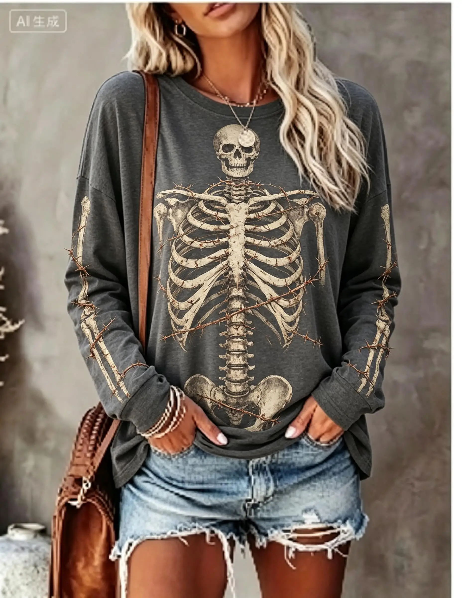 Women Halloween Long Sleeve T‑Shirt Full Body Skeleton Bone Gothic Print Crew Neck Tops