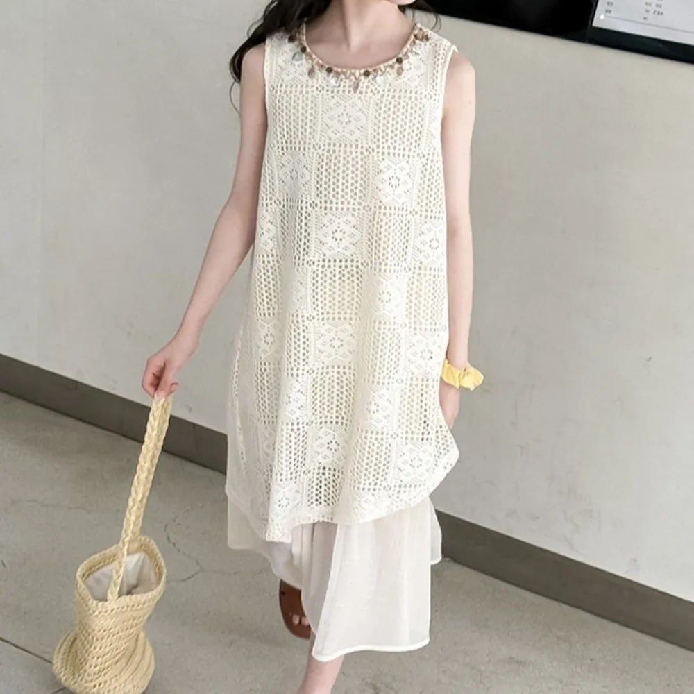 

Trendy Round Neck Kids Bohemian Shell Dress Princess Hollow Children Beach Long Skirt Casual Lace Girls Patchwork Dress Vacation