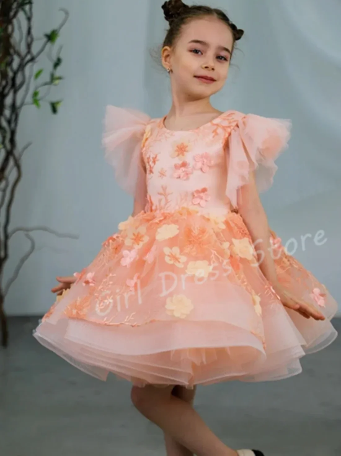 Robe à fleurs en Tulle personnalisée pour filles, pour mariage, avec des Appliques florales, longueur aux genoux, bouffante, jolie robe de séance Photo pour fête d'anniversaire pour enfants