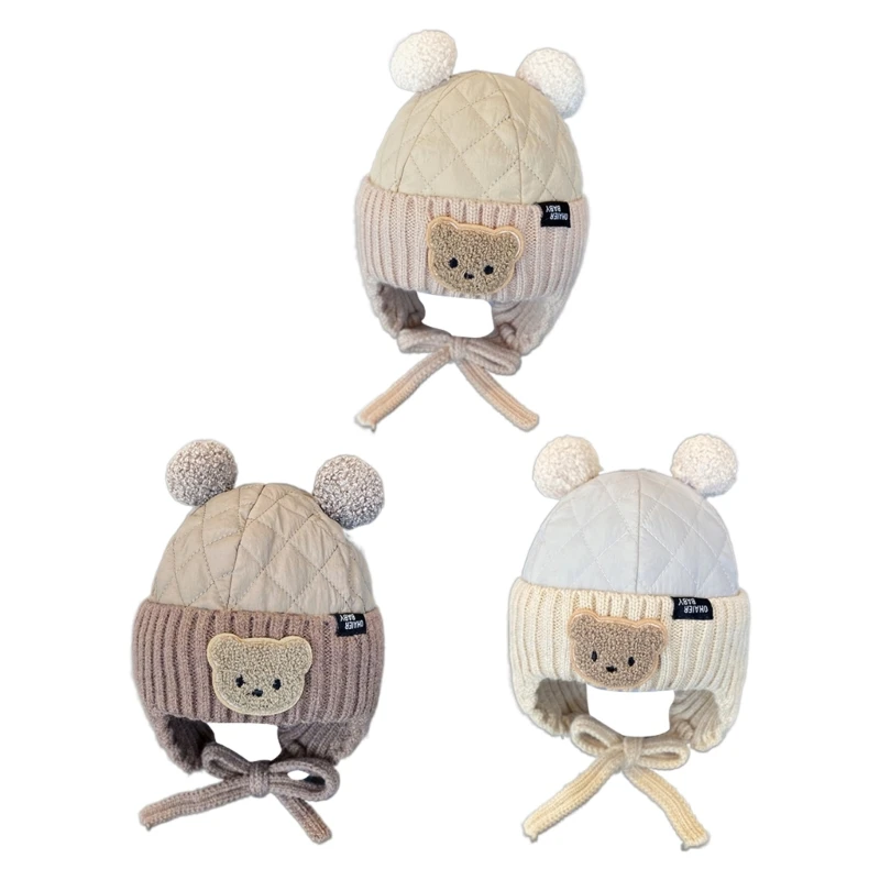 

F1CB Bear & Ear Beanie Knitted Hat Soft & Warm Hat Ear Protections Spliced Hat for Winter for Baby Girls & Boys