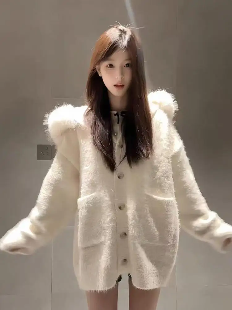 

Корейский женский бежевый универсальный вязаный кардиган с капюшоном, свитер 2022, осень-зима, модные однобортные свободные топы с длинными рукавами