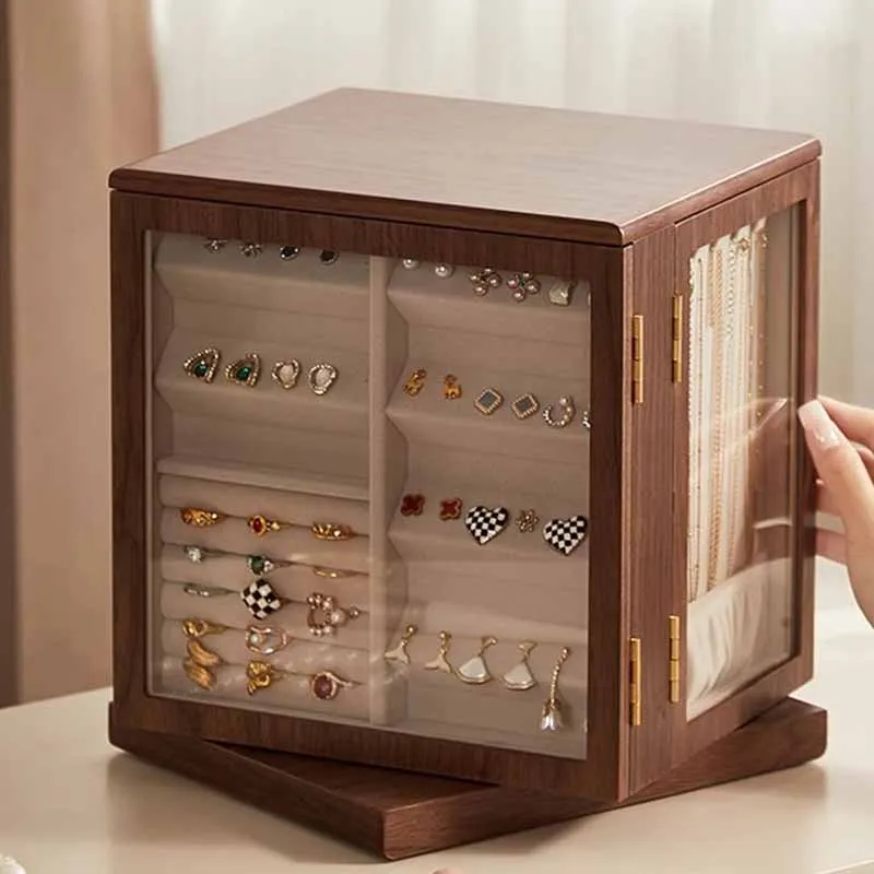 Vintage Jewelry Box Wooden Rotatable Jewelry Storage Boxes Women Ring Earrings Necklace Display Box Desktop Storage Organizer