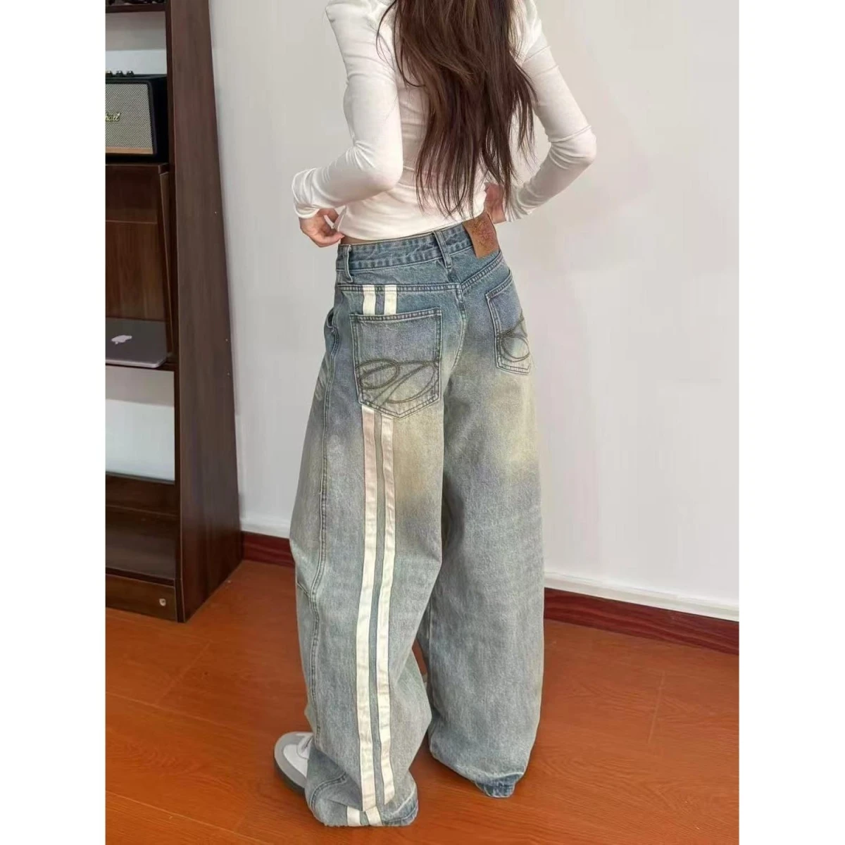 

American Retro Blue Wide Leg Jeans Women's Autumn Winter Trend High Waist Loose Slim Straight Floor-Length Pants