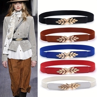 Elastic Thin Casual Belt Women PU Leather Waist Belt Double Leaf Metal Buckle Trendy Dress Pants Belts