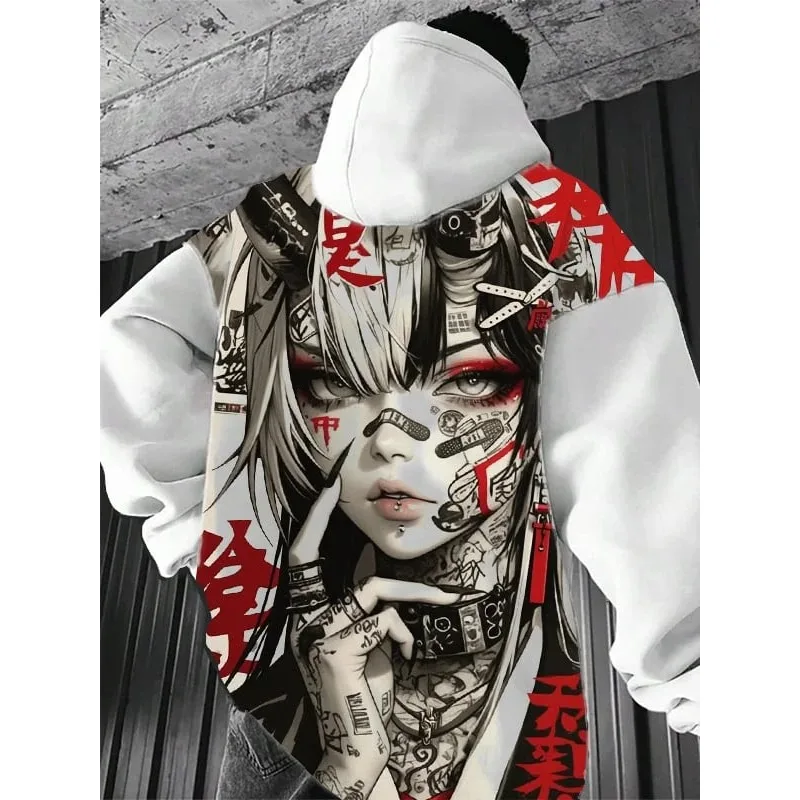 Moletom com capuz padrão American Dark Dragon para homens e mulheres, moletom solto tendência hip-hop para outono e inverno E