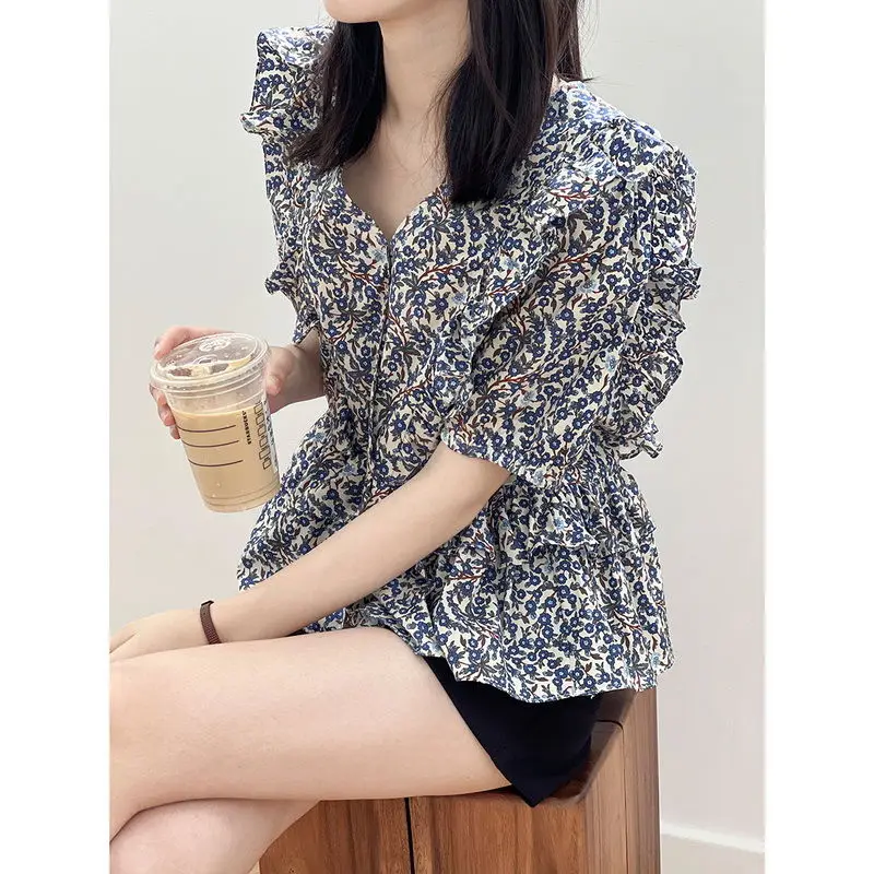 KUSAHIKI Floral Puff Sleeve Blouse Women Summer V-neck Ruffle Top Shirt 2022 New Sweet Fashion Chic Blusas Femininas Elegantes