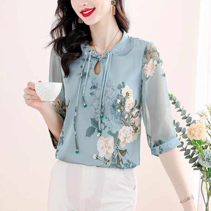 Women Summer Fashion Elegant Loose Printing V-neck 3/4 Sleeve Chiffon Shirts Women Clothes Casual All-match Appear Thin Tops