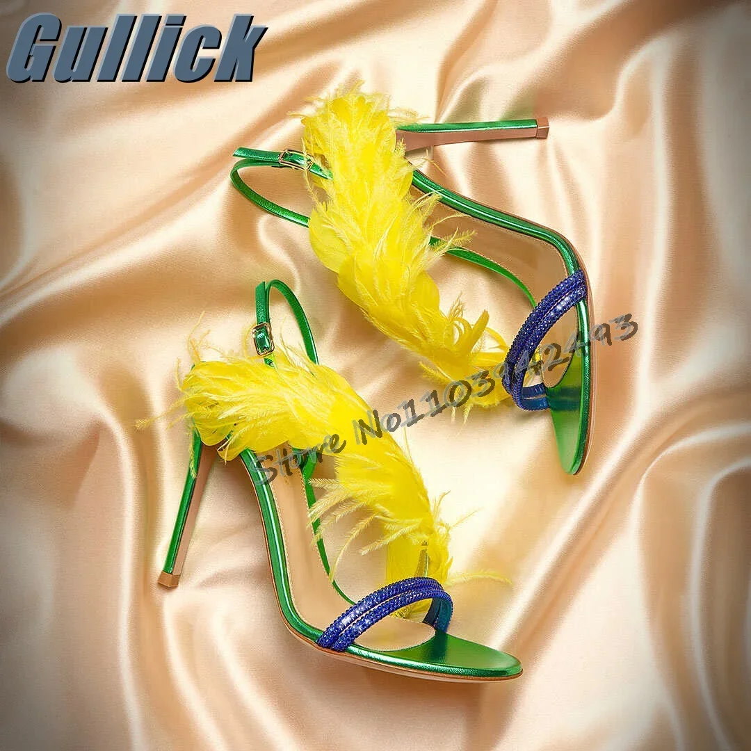 

Mixed Color Green Heels Feather Heeled Sandals Open Toe Women Luxury Designer Shoes Summer Autumn Stiletto Sandalias De Mujer