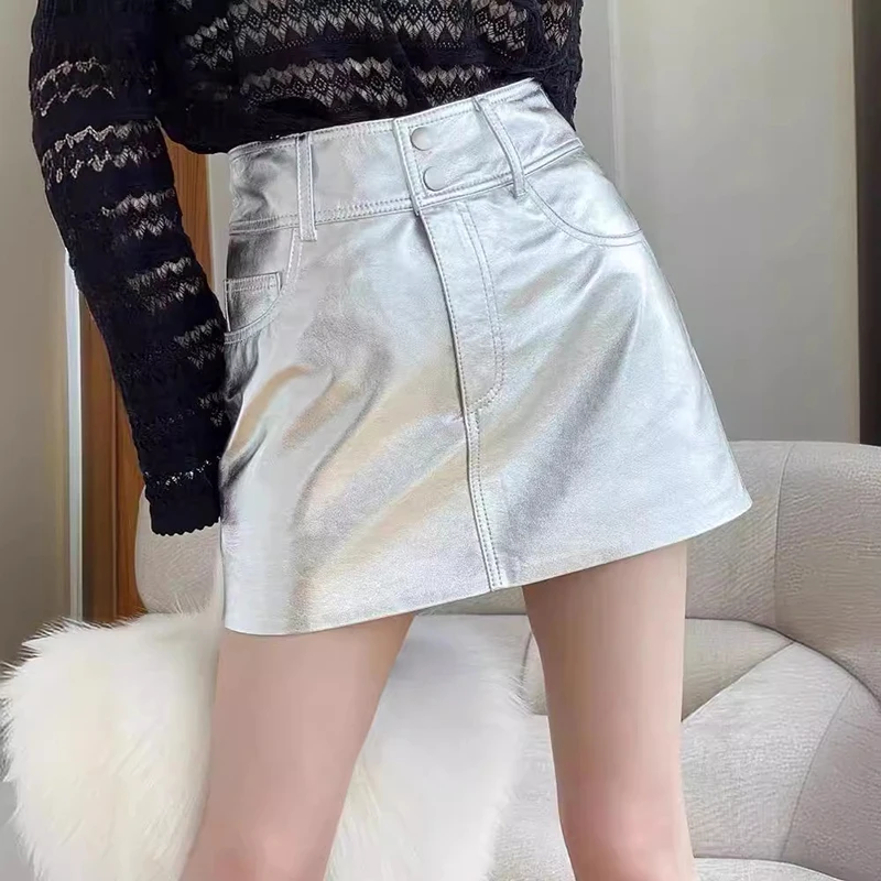 Women’s Leather Skirts Spring Summer Fashion Simple Sheepskin Sexy A-Line Wrap Hip High Waist Gold/Silver Short Jupe Hot Chick