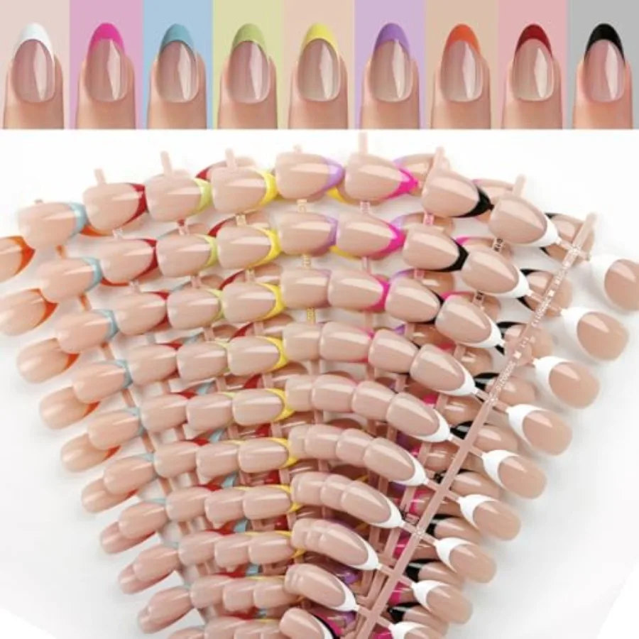 

216 Pcs French Tip Press on Nails Kit - 9 Color Short Almond False Nails in 12 Sizes, Reusable Full Cover Glossy Manicure Set f