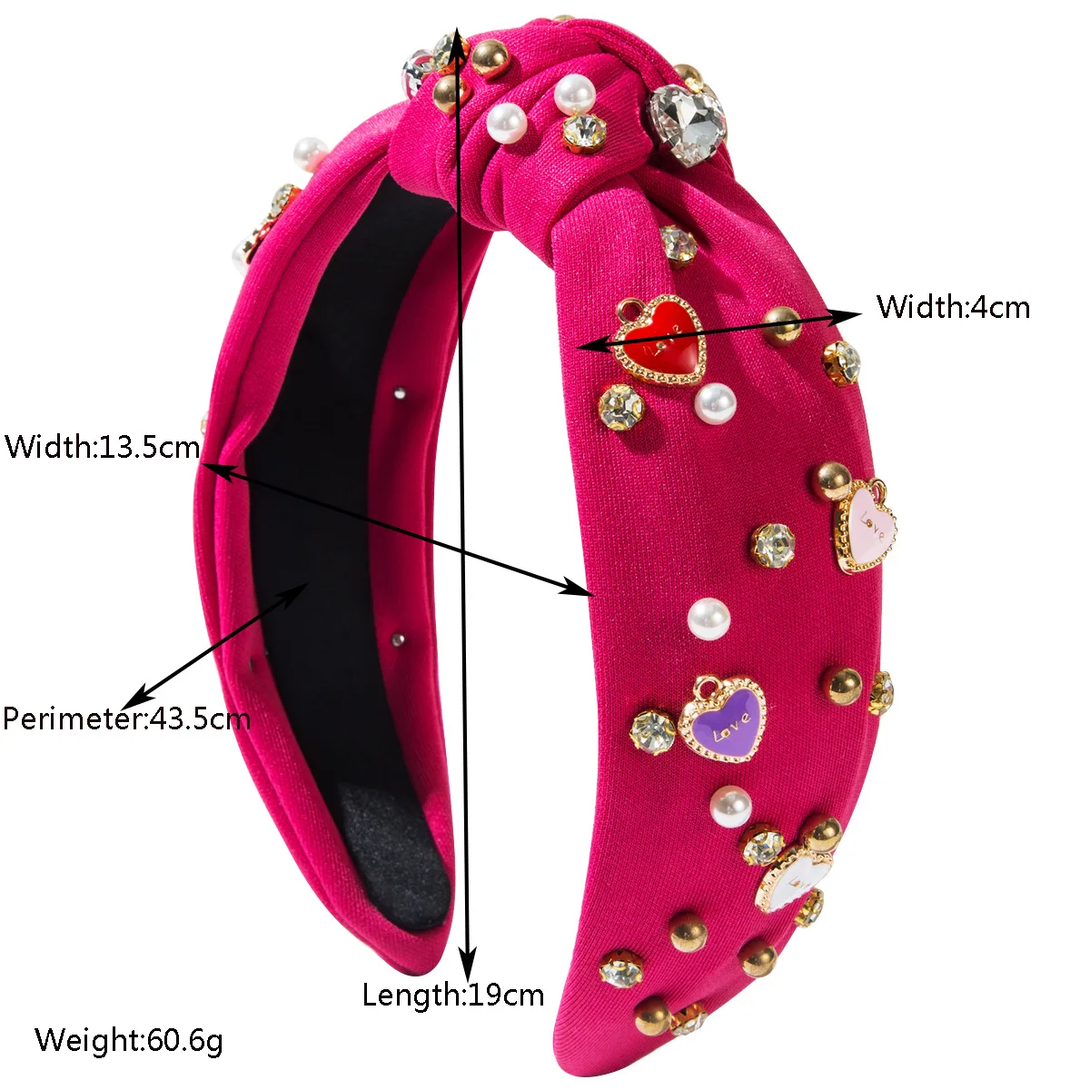 New Women Knotted Headband Heart Enamel Charm Pearl Rhinestone Decor Wide Fabric Hair Hoop Valentine Party Hair Accessories view 2