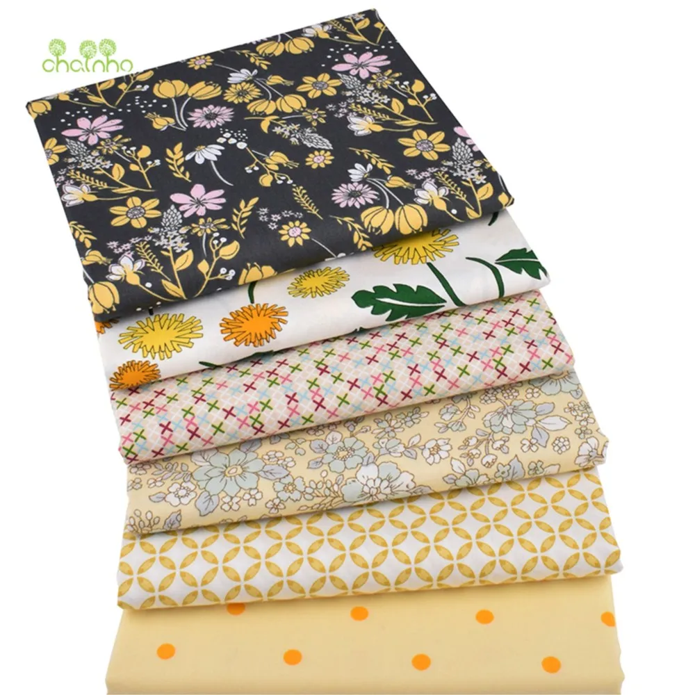 Chainho,Printed Twill Weave Cotton Fabric,Patchwork Cloth,DIY Sewing Quilting Material,Yellow Floral Series,3 Specification,QC50