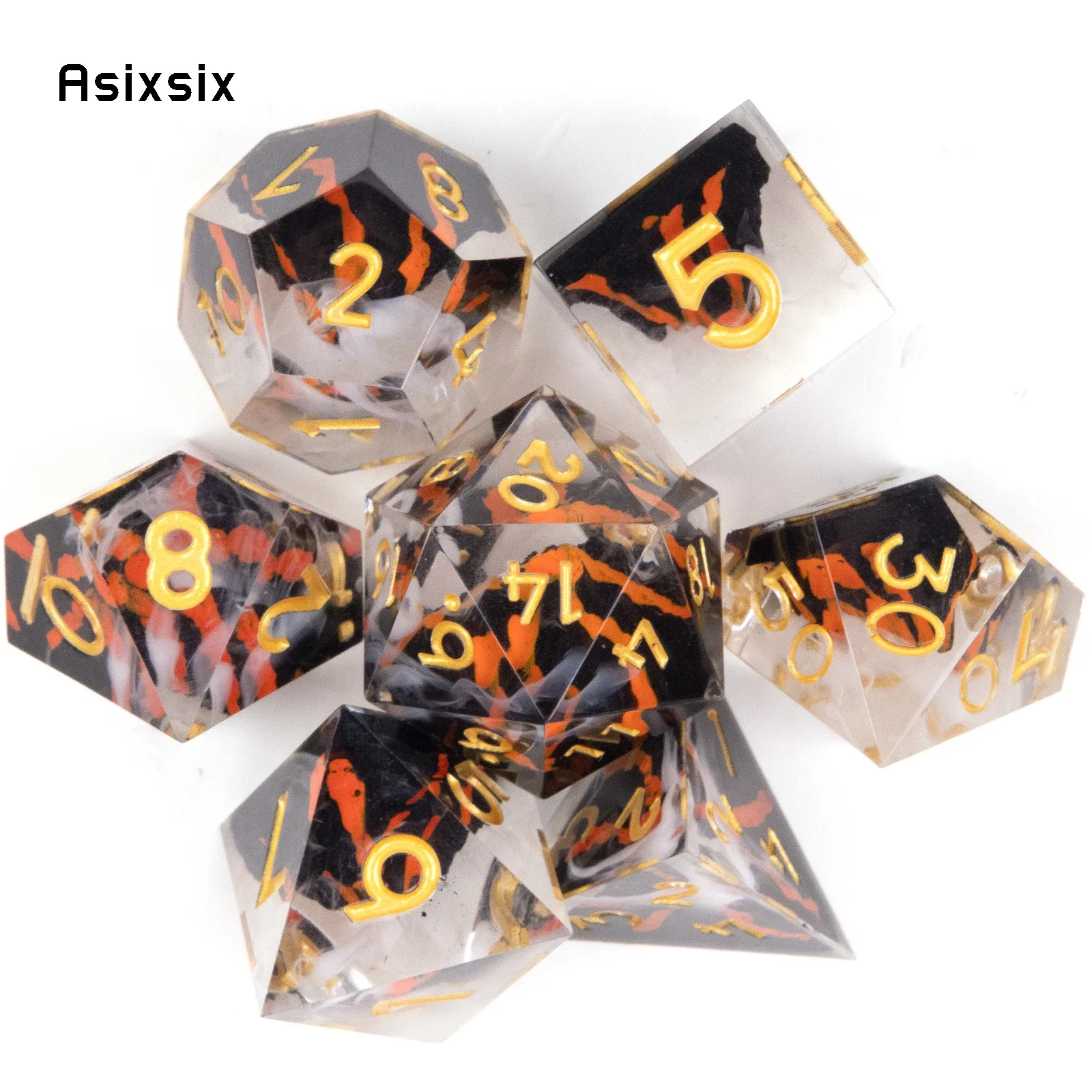 

Набор из 7 красных полихedralных игральных костей из смолы «Вулкан» с золотыми цифрами и острыми краями, подходящих для ролевых игр и настольных игр