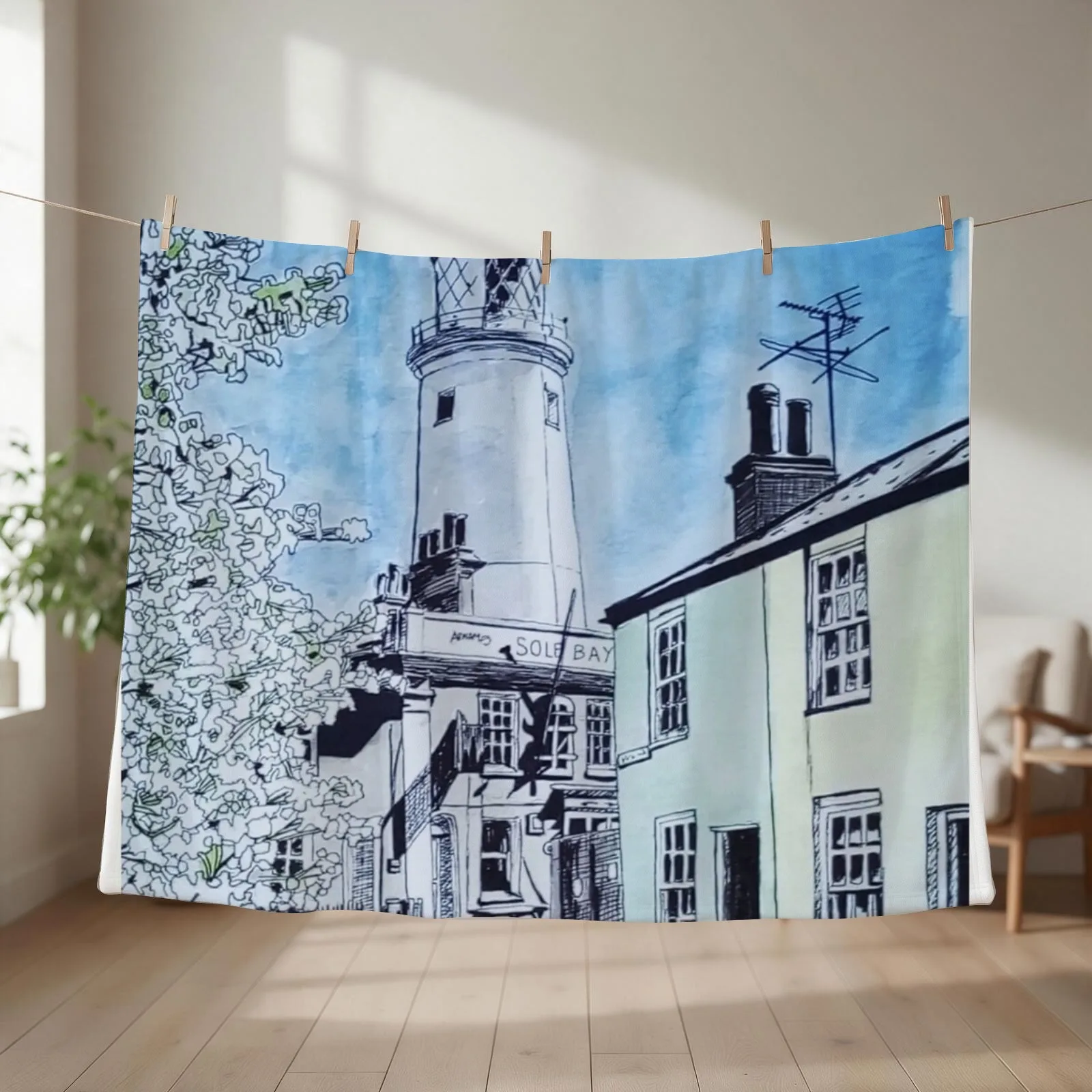 Southwold Lighthouse Watercolour Painting Throw Blanket couch cozy soft plush fuzzy picnic outdoor blanket