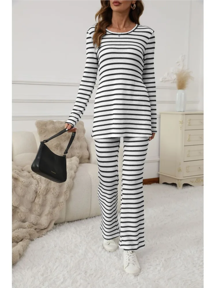 

Women's Casual Striped Print Loose Two-piece Sets Autumn Winter Fashion O Neck Long Sleeve Suit Office Ladies Elegant 2piece Set