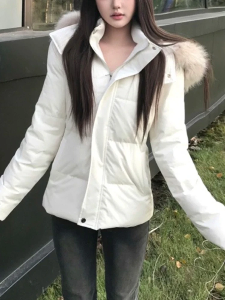 Korean Fashion Elegant Short Puffer Hoodie Coat Women Slim Fit Zipper Fur Collar Thick Warm Parkas Winter Casual Retro Chic Tops