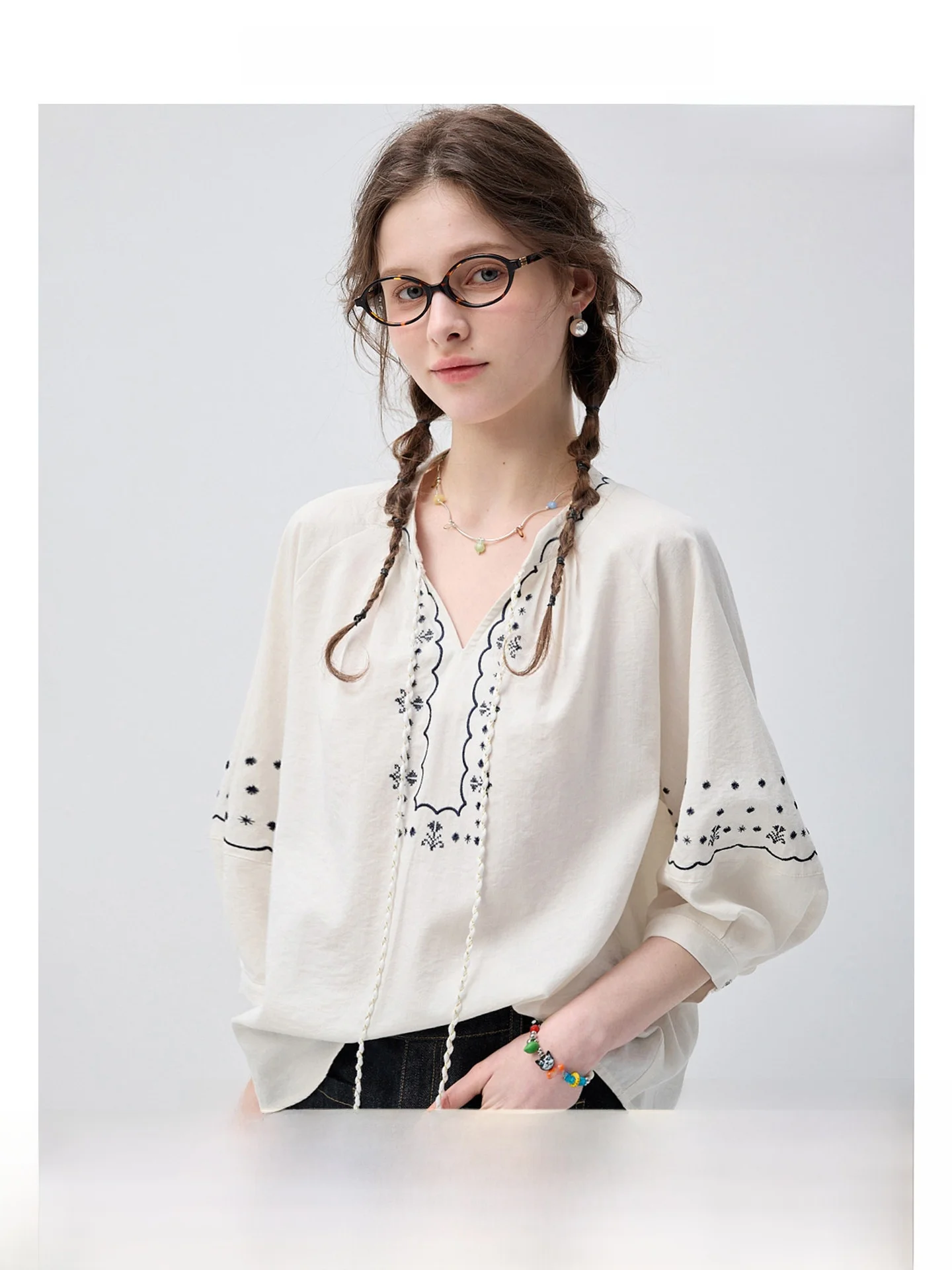 

VEGA CHANG Summer 2026 Bubble Sleeve Embroidered Lace Hollow out Breathable Women's Shirt Korean Style Loose Fit V-Neck Commu...