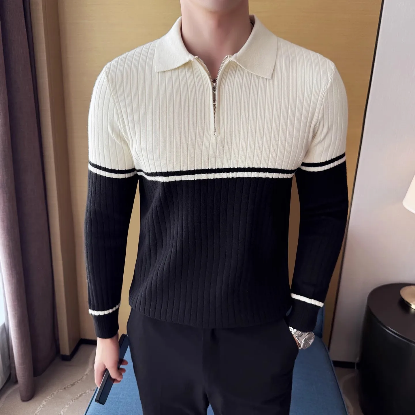 

Autumn Winter Turn Down Collar Sweater Men Fashion Knitted Polo Collar Pullovers Mens Patchwork Smart Casual Knit Sweater Tops
