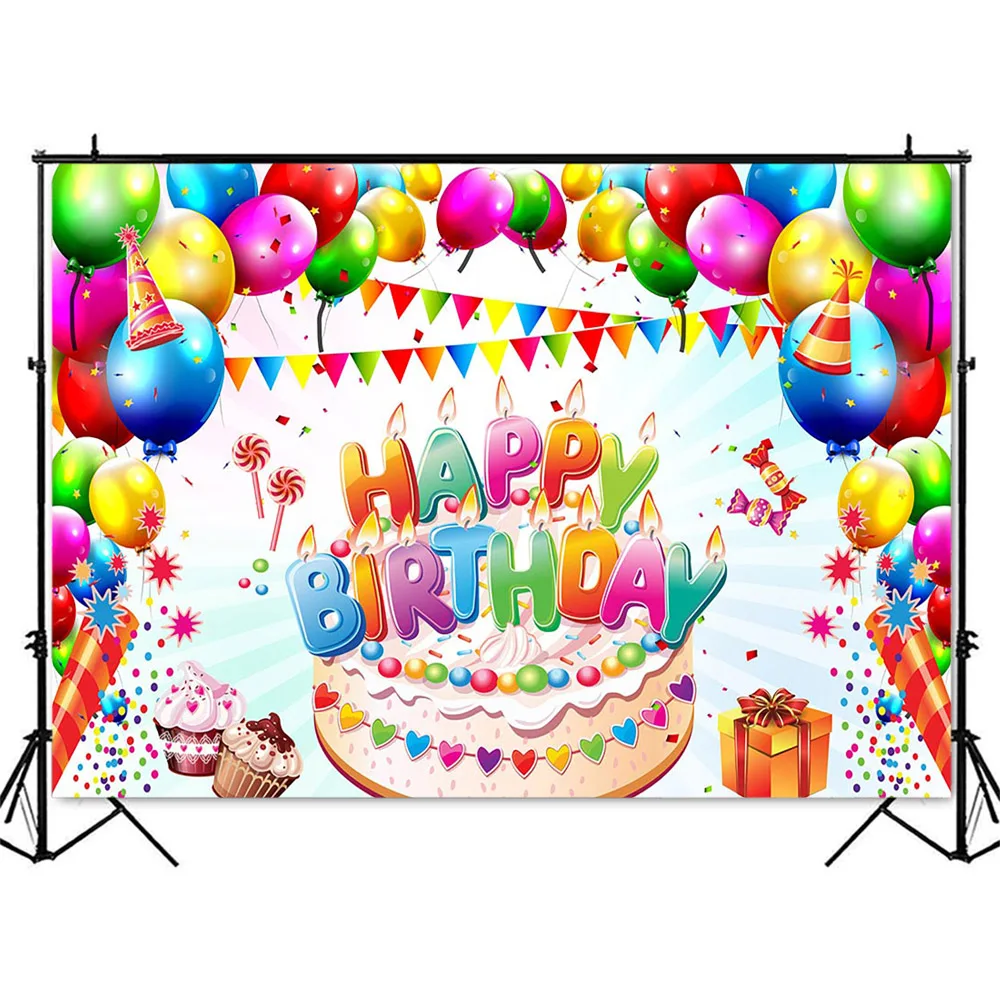 Happy Birthday Background Cake Colorful Balloons Children Kid Photo Booth Backdrop Surprise Children Theme Party Decoration Prop