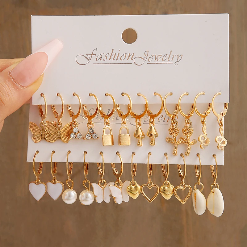 Fashion Gold Color Earrings Set For Women Boho Heart Butterfly Pearl Drop Earrings Metal Dangle Jewelry Gifts 2024 New Trendy