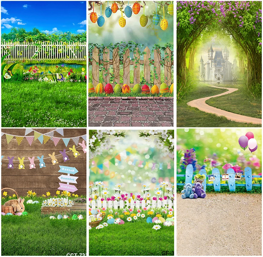 Grassland Lawn Backdrops Easter Spring Landscape Photographic Camping Bunny Eggs Fence Vines Castle Birthday Newborn Backgrounds