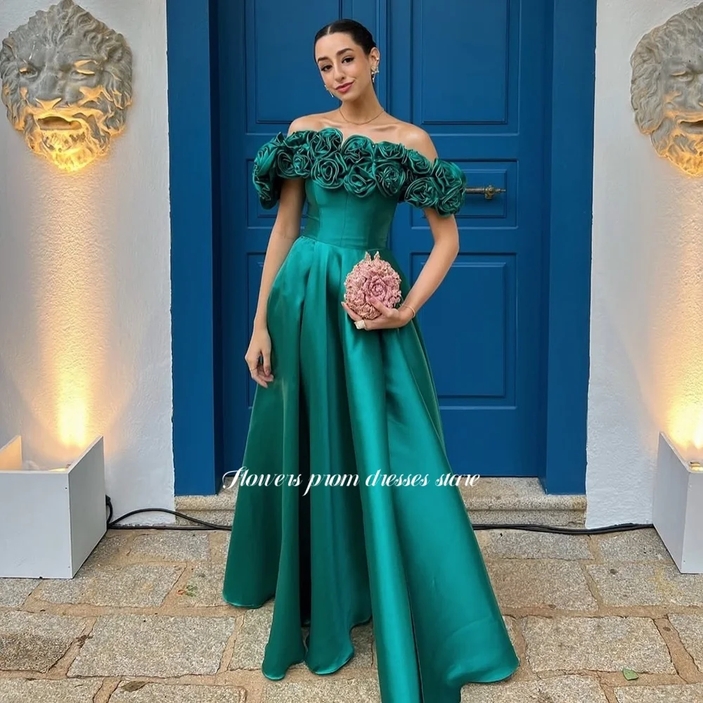 

Flowers Green Evening Dress 3D Flowers Party Dress with Pleats A Line Prom Dress Elegant robes de soiree for Princess Customized